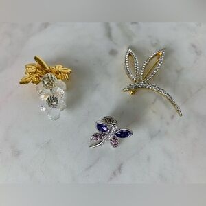 Lot Of 3 Swarovski Brooch Dragonfly Butterfly Grapes Stamp Swan Logo Rhinestones